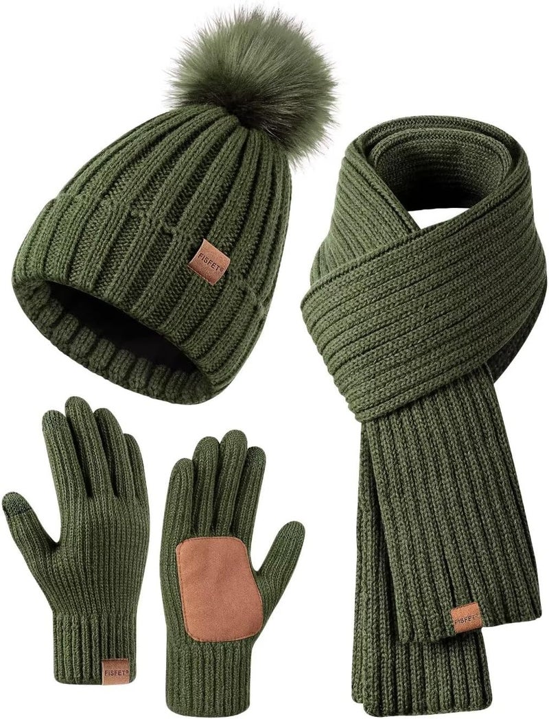 FISFET Winter Beanie Hat Scarf Gloves Set for Women, Womens Beanie with Pom Pom Long Scarf Neck Warmer Touchscreen Gloves 3 in 1 Set - Image 1